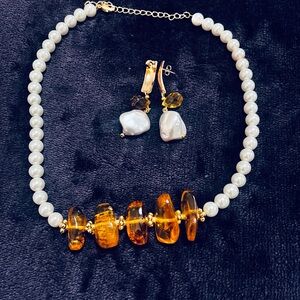 Elegant Pearl and Amber Necklace Set